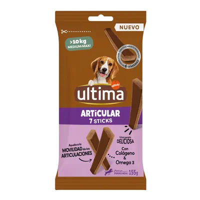 Ultima Articular 7 sticks, for dogs >10kg medium-maxi, recipe with collagen and omega 3, supports joint mobility, pack size 155g.