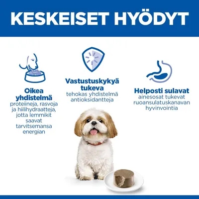 Grafiikka, jossa kolme pääetua: oikea yhdistelmä proteiineja, rasvoja ja hiilihydraatteja; tukee immuunijärjestelmää antioksidanttien avulla; helposti sulavat ainesosat. Grafiikka, jossa kolme pääetua: oikea yhdistelmä proteiineja, rasvoja ja hiilihydraatteja; tukee immuunijärjestelmää antioksidanttien avulla; helposti sulavat ainesosat.