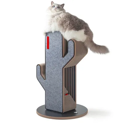 Kratzbaum in Kaktusform mit grauem Filz und Sisal, rotem Akzent. Katze liegt oben auf dem Kratzbaum.