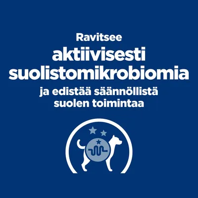Edistää aktiivisesti suoliston mikrobiomia ja tukee säännöllistä suolen toimintaa. Teksti suomeksi, jossa on koiran symboli ja suoli-ikoni. Edistää aktiivisesti suoliston mikrobiomia ja tukee säännöllistä suolen toimintaa. Teksti suomeksi, jossa on koiran symboli ja suoli-ikoni.