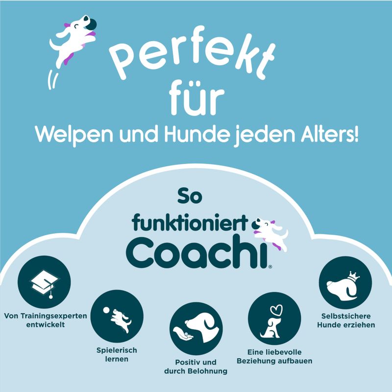 Perfekt für Welpen und Hunde jeden Alters. So funktioniert Coachi: Von Trainingsexperten entwickelt, spielerisch lernen, positiv durch Belohnung, liebevolle Beziehung aufbauen, selbstsichere Hunde erziehen.