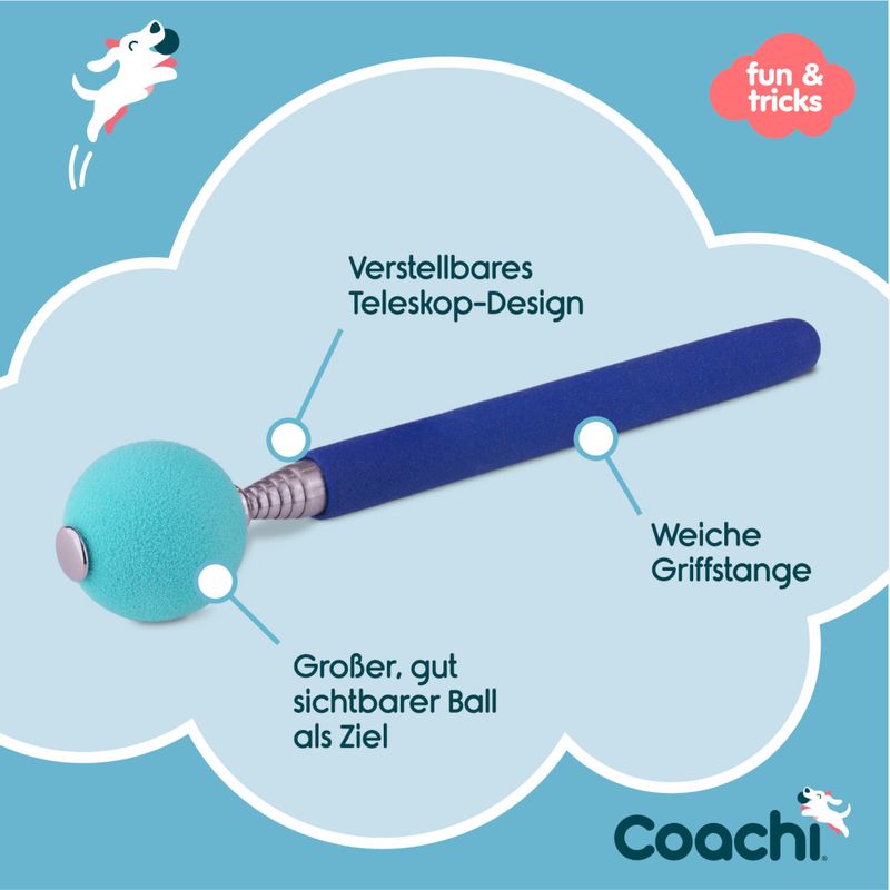 Coachi Spielzeug mit verstellbarem Teleskop-Design, weicher Griffstange und großem, gut sichtbarem Ball als Ziel. Fun & Tricks Logo sichtbar.