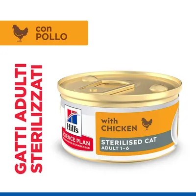Hill's Science Plan alimento umido in lattina con pollo per gatti adulti sterilizzati, Adult 1-6. Testo: con pollo, with chicken, sterilised cat, gatti adulti sterilizzati. Hill's Science Plan alimento umido in lattina con pollo per gatti adulti sterilizzati, Adult 1-6. Testo: con pollo, with chicken, sterilised cat, gatti adulti sterilizzati.