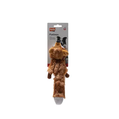 Karlie Flatinos Hundespielzeug, Plüsch-Fuchs mit flachem Design, Verpackung zeigt Bild eines Hundes.