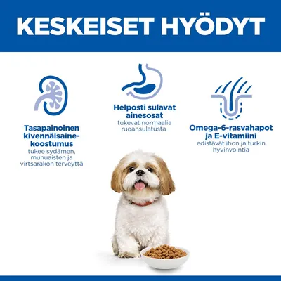 Tärkeimmät edut: Tasapainoinen kivennäisainekoostumus, helposti sulavat ainesosat, omega-6-rasvahapot ja E-vitamiini iholle ja turkille. Kuvassa koira ruokakupin kanssa. Tärkeimmät edut: Tasapainoinen kivennäisainekoostumus, helposti sulavat ainesosat, omega-6-rasvahapot ja E-vitamiini iholle ja turkille. Kuvassa koira ruokakupin kanssa.