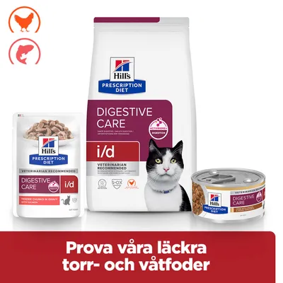Hill's Prescription Diet Digestive Care i/d kattfoder, torr- och våtfoder med höna och lax. Prova våra läckra torr- och våtfoder.