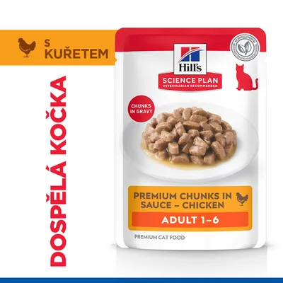 Hill's Science Plan Premium kousky v omáčce – kuře, Adult 1-6, kousky v šťávě, dospělá kočka, s kuřetem, prémiové krmivo pro kočky. Hill's Science Plan Premium kousky v omáčce – kuře, Adult 1-6, kousky v šťávě, dospělá kočka, s kuřetem, prémiové krmivo pro kočky.