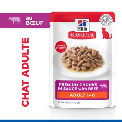 Hill's Science Plan Bouchées Premium en Sauce au bœuf, Adulte 1-6, morceaux en sauce, aliment premium pour chat, pour chats adultes avec du bœuf. Hill's Science Plan Bouchées Premium en Sauce au bœuf, Adulte 1-6, morceaux en sauce, aliment premium pour chat, pour chats adultes avec du bœuf.