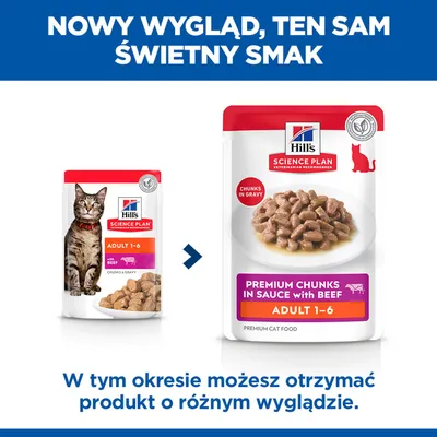 Hill's Science Plan Adult 1-6 Premium kawałki w sosie z wołowiną, karma dla kotów, informacja o nowym wzornictwie opakowania. Produkt może być dostarczony w różnych wersjach wyglądu. Hill's Science Plan Adult 1-6 Premium kawałki w sosie z wołowiną, karma dla kotów, informacja o nowym wzornictwie opakowania. Produkt może być dostarczony w różnych wersjach wyglądu.