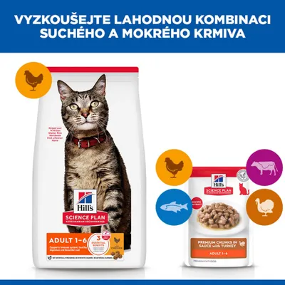 Hill's Science Plan Adult 1-6 krmivo pro kočky, suché a vlhké krmivo s kuřecím, hovězím, krůtím a rybou. Zobrazeny dva obaly produktu. Hill's Science Plan Adult 1-6 krmivo pro kočky, suché a vlhké krmivo s kuřecím, hovězím, krůtím a rybou. Zobrazeny dva obaly produktu.