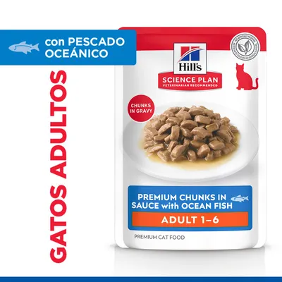 Hill's Science Plan Trozos Premium en Salsa con pescado oceánico para gatos adultos, Adult 1-6, con pescado oceánico, trozos en salsa.