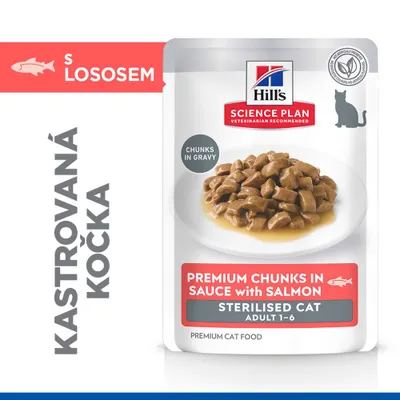 Hill's Science Plan Premium kúsky v omáčke s lososom, Sterilised Cat Adult 1-6, kúsky v šťave, prémiové krmivo pre mačky, pre kastrované mačky.