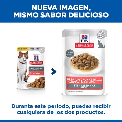 Aviso: Nuevo envase para Hill's Science Plan Sterilised Cat con salmón. Durante la transición, se puede entregar uno de los dos paquetes.