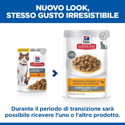 Nota: Hill's Science Plan Sterilised Cat con pollo riceverà un nuovo design della confezione. Durante la fase di transizione, è possibile che venga consegnato uno dei due design. Nota: Hill's Science Plan Sterilised Cat con pollo riceverà un nuovo design della confezione. Durante la fase di transizione, è possibile che venga consegnato uno dei due design.