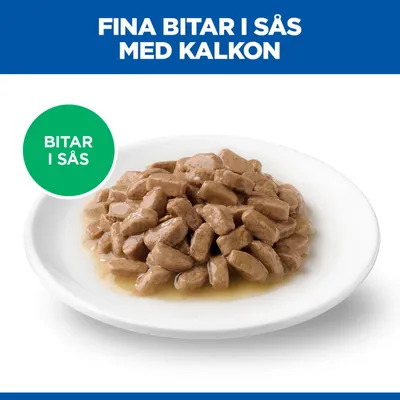 Fina Bitar i Sås med Kalkon. Tallrik med köttbitar i sås, Text: Bitar i Sås.