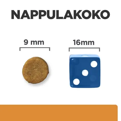 Vertailu nappulan koosta: Nappula, jonka halkaisija on 9 mm, vieressä kuutio, jonka sivun pituus on 16 mm. Otsikko: NAPPULAKOKO. Vertailu nappulan koosta: Nappula, jonka halkaisija on 9 mm, vieressä kuutio, jonka sivun pituus on 16 mm. Otsikko: NAPPULAKOKO.