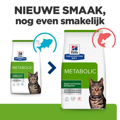 Hill's Prescription Diet Metabolic kattenvoer, nieuwe smaakvariant. Verpakkingswijziging van 'weight loss & maintenance' naar 'Weight and Diabetes Management'. Hill's Prescription Diet Metabolic kattenvoer, nieuwe smaakvariant. Verpakkingswijziging van 'weight loss & maintenance' naar 'Weight and Diabetes Management'.