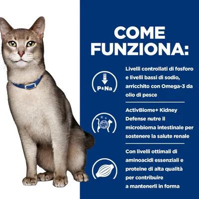 Spiegazione in italiano: valori controllati di fosforo e sodio, Omega-3 da olio di pesce, ActivBiome+ Kidney Defense per la flora intestinale, amminoacidi essenziali e proteine di alta qualità.