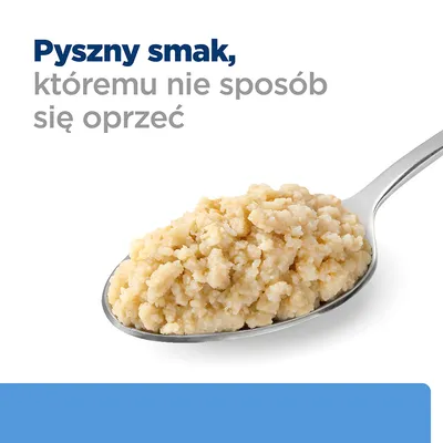 Pyszny smak, któremu nie sposób się oprzeć – tekst na obrazku z łyżką mokrej karmy dla zwierząt.