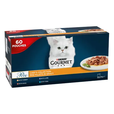 Box of 60 pouches Gourmet Chef's Collection Mini Fillets in Gravy, with turkey, duck, lamb and tuna, each pouch 85g.