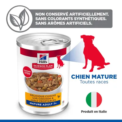 Hill's Science Plan Delicious Cuisine au poulet et aux légumes, mature adulte 7+, sans conservateurs, colorants ou arômes artificiels. Produit en Italie. Hill's Science Plan Delicious Cuisine au poulet et aux légumes, mature adulte 7+, sans conservateurs, colorants ou arômes artificiels. Produit en Italie.