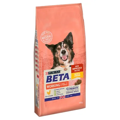 Bag showing Purina Beta Working adult food, new improved recipe, rich in chicken, no added artificial colours, flavours or preservatives, with natural prebiotic for digestive health, 14kg.