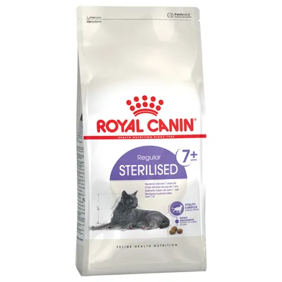 Royal Canin Regular Sterilised 7+ years, dry food for neutered cats from 7 years. Vitality Complex and weight control. Packaging shows a grey cat.