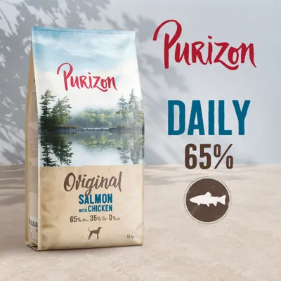 Purizon Original Salmon with Chicken DAILY 65%. Zusammensetzung: 65% Fisch, 35% weitere Zutaten, 0% Getreide. 12 kg Beutel abgebildet. Purizon Original Salmon with Chicken DAILY 65%. Zusammensetzung: 65% Fisch, 35% weitere Zutaten, 0% Getreide. 12 kg Beutel abgebildet.