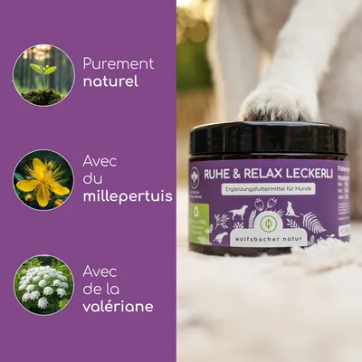RUHE & RELAX LECKERLI Aliment complémentaire pour chiens de wolfsbacher natur, purement naturel, avec millepertuis et valériane. RUHE & RELAX LECKERLI Aliment complémentaire pour chiens de wolfsbacher natur, purement naturel, avec millepertuis et valériane.