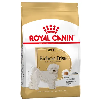 Royal Canin Adult Bichon Frise, från 10 månader. Speciell krokettform för frisk hud och päls samt bibehållen idealvikt. Förpackningen visar en Bichon Frise-hund.