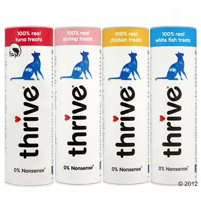 Four tubes labelled 100% real tuna treats, shrimp treats, chicken treats, and white fish treats. Each tube states 0% Nonsense.