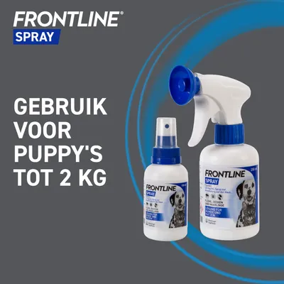 FRONTLINE Spray, toepassing voor puppy's tot ,2 kg. Twee flessen met spraykop afgebeeld. FRONTLINE Spray, toepassing voor puppy's tot ,2 kg. Twee flessen met spraykop afgebeeld.