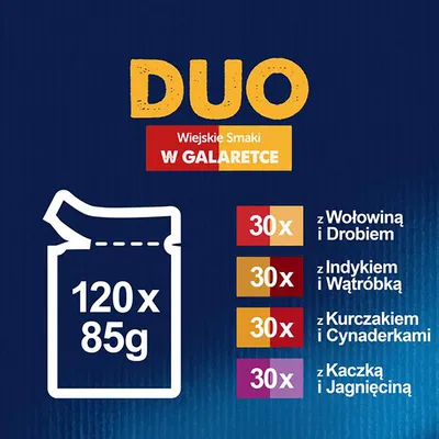 DUO Wiejskie Smaki w galaretce, 120 saszetek po 85 g: 30× wołowina i drób, 30× indyk i wątróbka, 30× kurczak i cynaderki, 30× kaczka i jagnięcina.