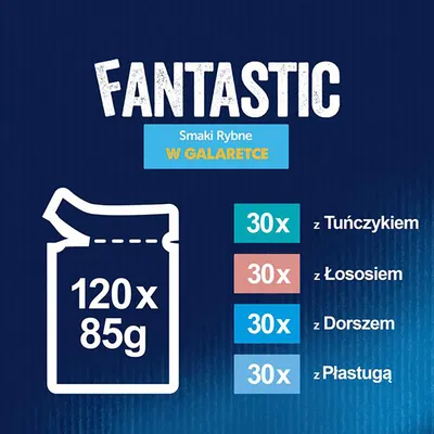 Fantastic Smaki Rybne w galaretce, 120 x 85 g: 30 x z tuńczykiem, 30 x z łososiem, 30 x z dorszem, 30 x z płastugą