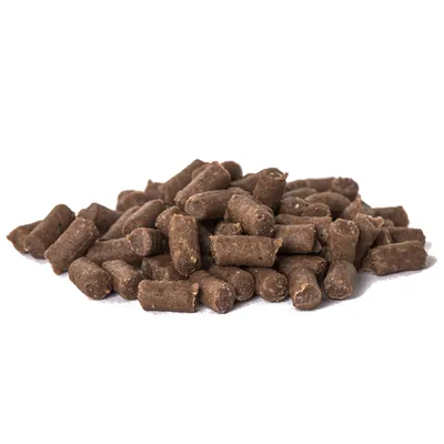 Crocchette cilindriche marroni per pet, disposte in un mucchio su sfondo bianco. Nessun marchio o testo visibile.