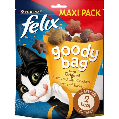 Goody bag treats original, flavoured with chicken, liver and turkey. Maxi pack. On average 2 kcal per treat.