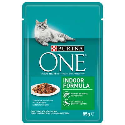 Purina ONE Indoor Formula, trozos en salsa con atún y judías verdes, 85 g. Sin aditivos artificiales. Minimiza la formación de bolas de pelo. Visible Health for Today and Tomorrow.