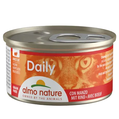 almo nature Daily Adult Cat, Grain Free, Häppchen mit Rind. Text: Owned by the Animals.