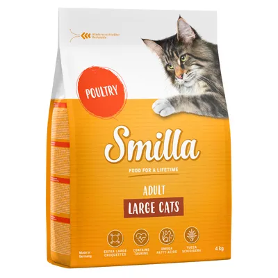Smilla Adult Large Cats kattefoder med fjerkræ, 4 kg. Tekst: Food for a lifetime, extra large croquettes, contains taurine, omega fatty acids, yucca schidigera. Made in Germany.