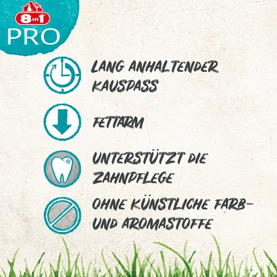 8in1 PRO. Hosszan tartó rágási élmény, alacsony zsírtartalom, támogatja a fogápolást, mesterséges színezékek és aromák nélkül.