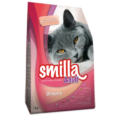 Confezione da 1 kg di Smilla Adult Urinary per gatti, con immagine di un gatto grigio e testo visibile: 'Finest Healthy Nutrition', 'Urinary', 'bei empfindlichem Nieren-/Harnsystem'.