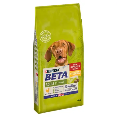 Bag showing Purina Beta Adult 1+ years with chicken, new improved recipe, no added artificial colours, flavours or preservatives, prebiotic for digestive health, 14kg.