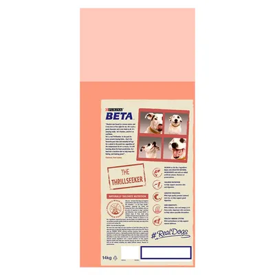 Product packaging showing four images of a dog, the words 'The Thrillseeker', and key features including tailored nutrition, natural ingredients, and feeding information.