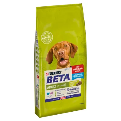 Bag showing Purina Beta Adult 1+ years, new improved recipe with turkey as number one ingredient, no added artificial colours, flavours or preservatives, prebiotic for digestive health, 14kg