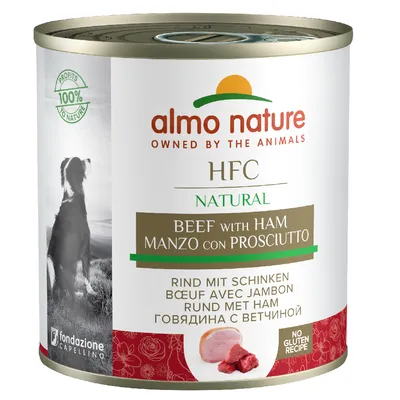 Almo Nature HFC Natural Rind mit Schinken, glutenfreie Rezeptur. Profits 100% to nature. Fondazione Capellino Logo sichtbar.