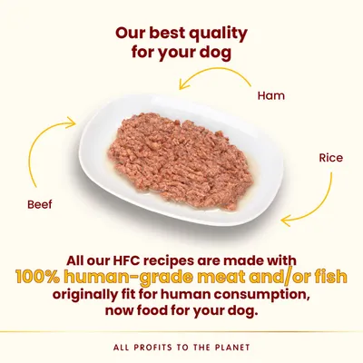 Text: Our best quality for your dog. Beef, ham, rice. All our HFC recipes are made with 100% human-grade meat and/or fish originally fit for human consumption, now food for your dog.