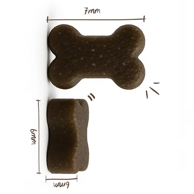 Knochenförmiges Leckerli, Maße: 7 mm breit, 6 mm hoch, 19 mm lang. Knochenförmiges Leckerli, Maße: 7 mm breit, 6 mm hoch, 19 mm lang.