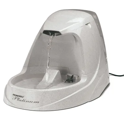 Automatic water fountain with flowing stream and adjustable flow control, designed to provide continuous fresh water for pets. Power cord visible at the back.