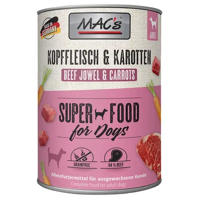 MAC's hondenvoer kopvlees & wortelen, Made in Germany, superfood voor honden, graanvrij, 94% rundvlees, volledig voer voor volwassen honden.
