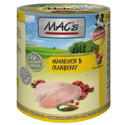 Conservă MAC's, text vizibil: 70% Fleischanteil, Hühnchen & Cranberry, Getreidefrei, Made in Germany. Imagine cu piept de pui crud și merișoare pe ambalaj.